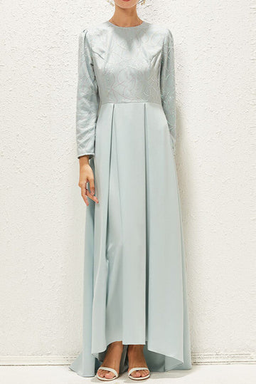 Woochic robe longue brillante paillette col rond manches longues élégant bal de promo Bleu pastel S